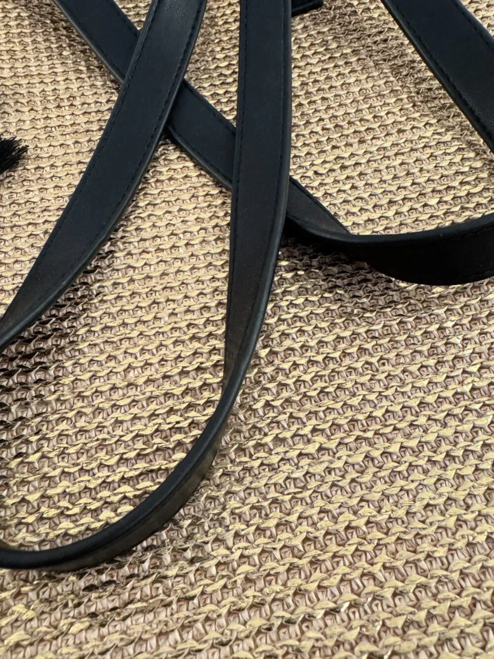 Express Gold Metallic Woven Straw Round Bag Black Tassel